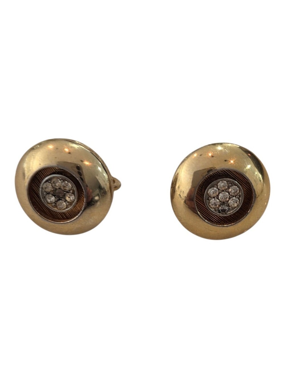 Vintage Gold Dome Button Clip-On Earrings Crystal Pave Center Cluster